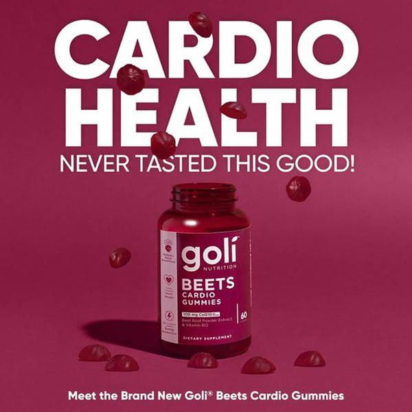 A high-contrast, product-focused ad creative for Beets Cardio Gummies, featuring a bottle surrounded by floating gummy elements.
